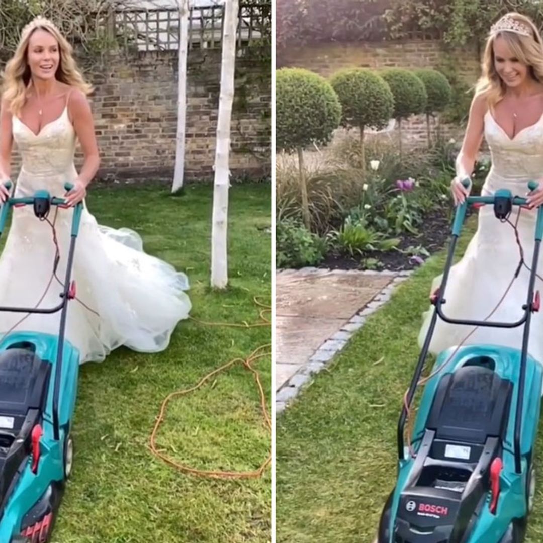 Amanda Holden wears her wedding dress to mow the lawn