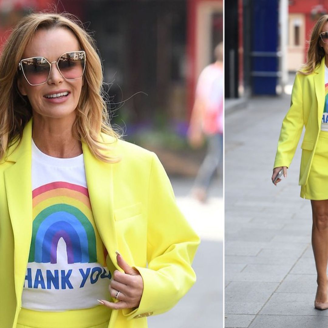 Amanda Holden wows in bold neon mini skirt and NHS rainbow tee for Heart Radio show