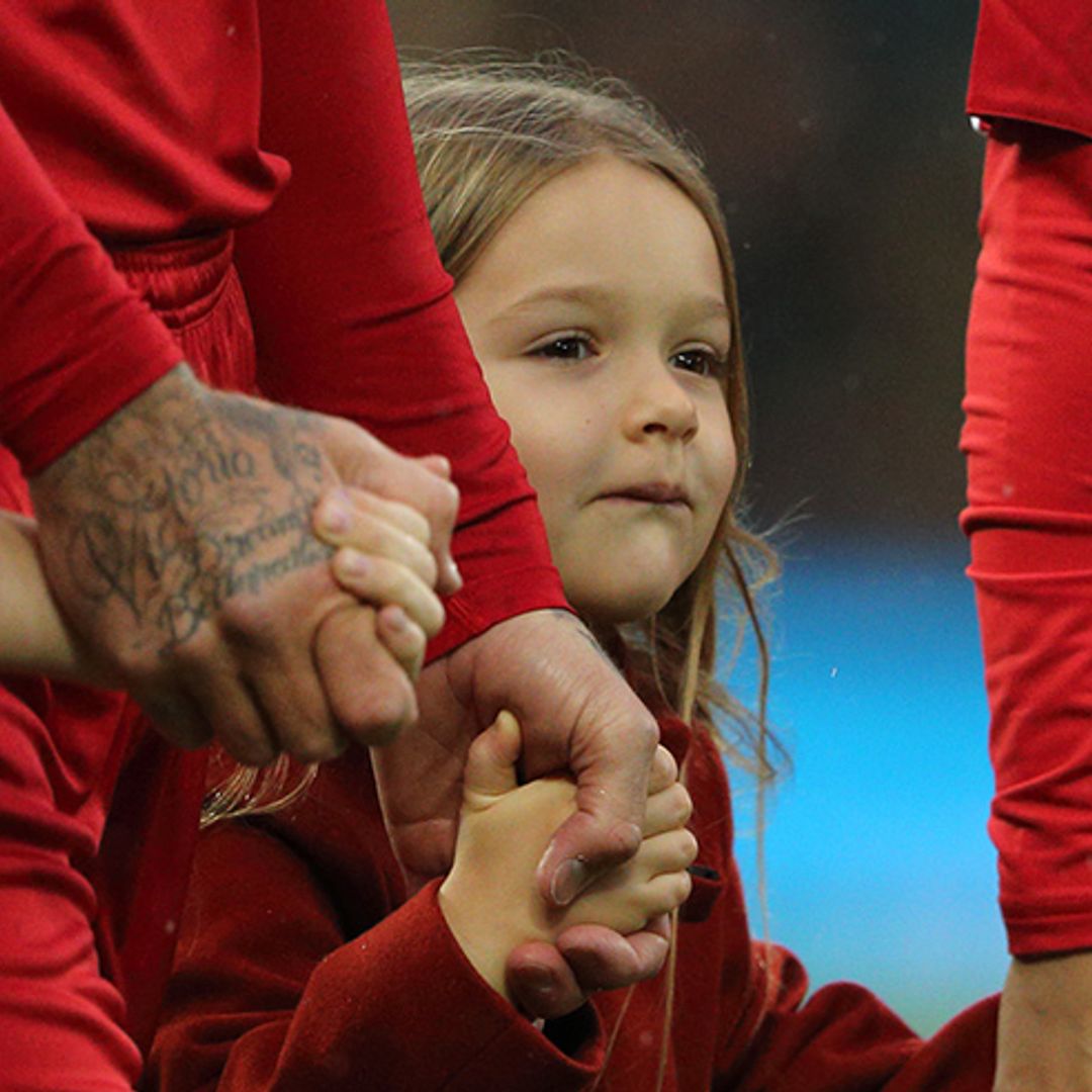 Harper Beckham wears crystal slippers named after her by mum Victoria – see photo