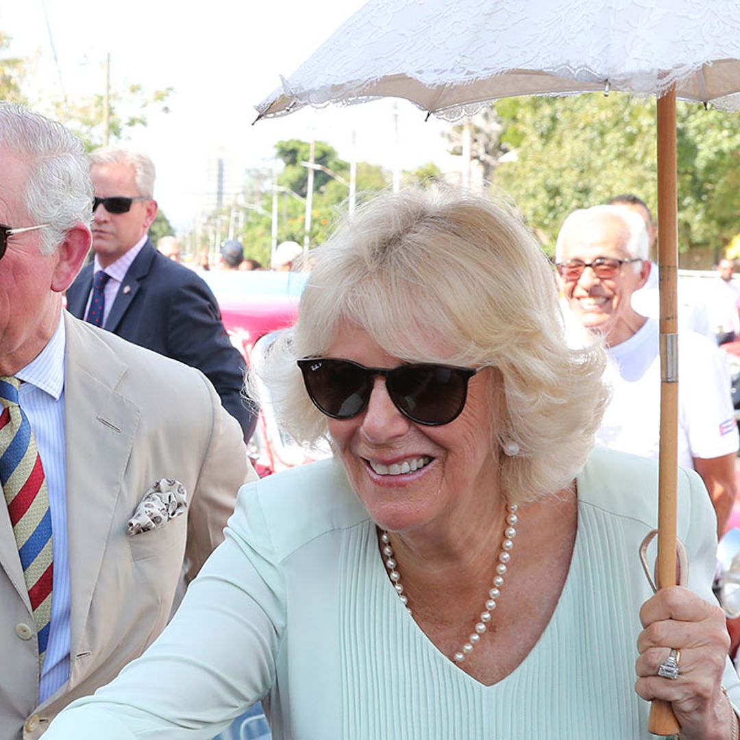 The Duchess of Cornwall teams her nude high heels with a very surprising clutch bag