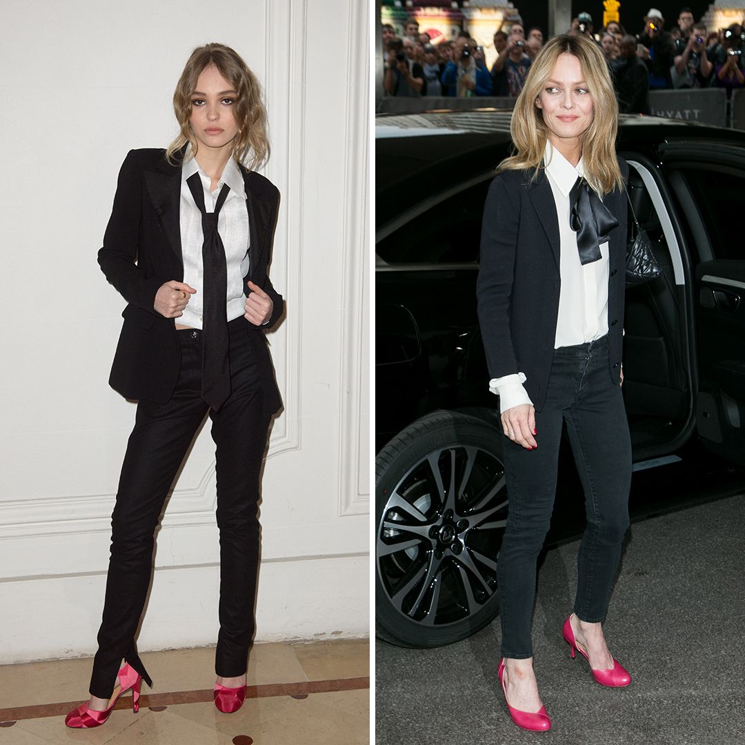 Lily-Rose Depp and Vanessa Paradis wearing black blazers, white shirts and black ties 