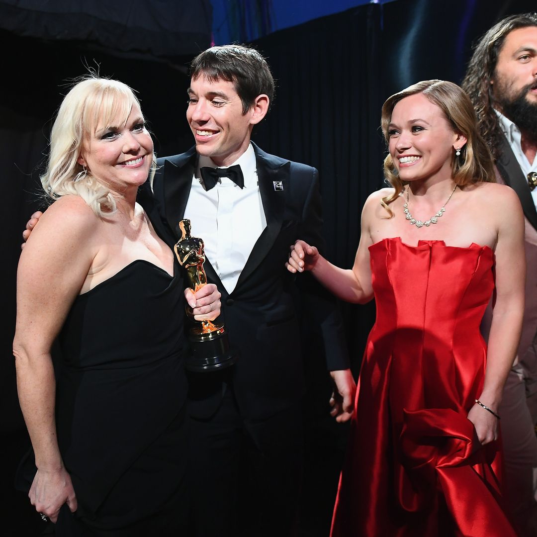 In this handout provided by A.M.P.A.S., Producer Shannon Dill, Alex Honnold and Sanni McCandless pose backstage after winning the Best Documentary Feature award for "Free Solo" during the 91st Annual Academy Awards at the Dolby Theatre on February 24, 2019 in Hollywood, California.