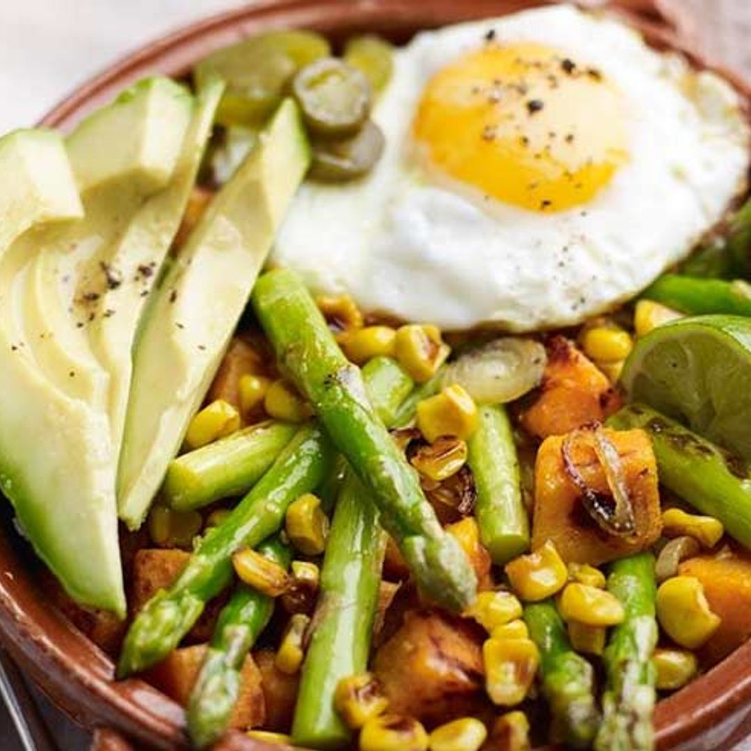British asparagus and sweet potato hash with avocado and egg recipe