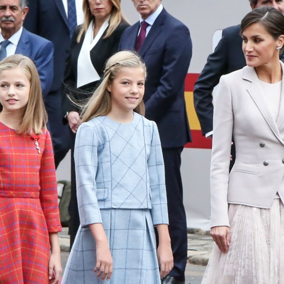 Queen Letizia and her daughters make a glamorous trio in coordinating outfits