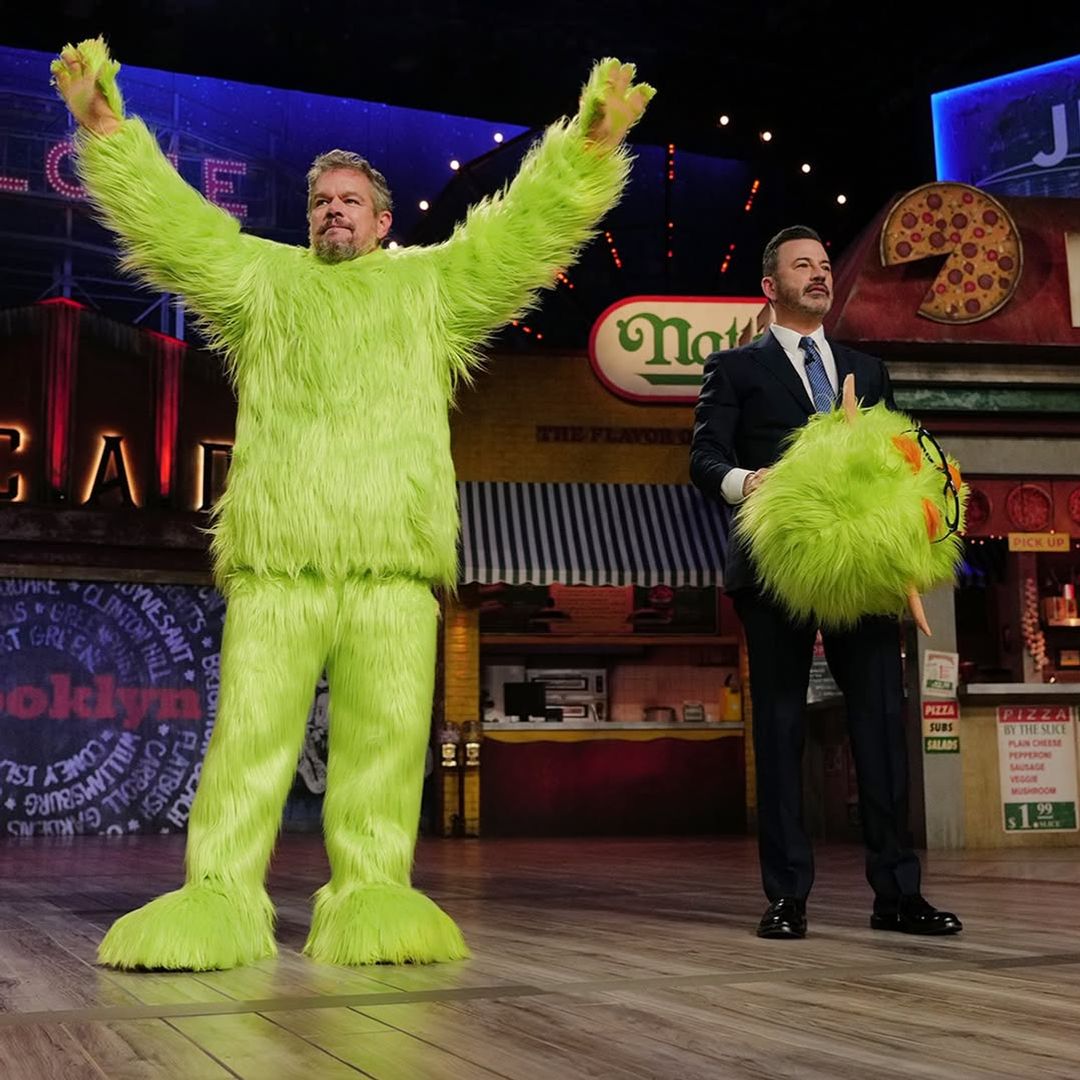 Matt Damon dressed as Frankie Focus on "Jimmy Kimmel Live!" poses for the audience