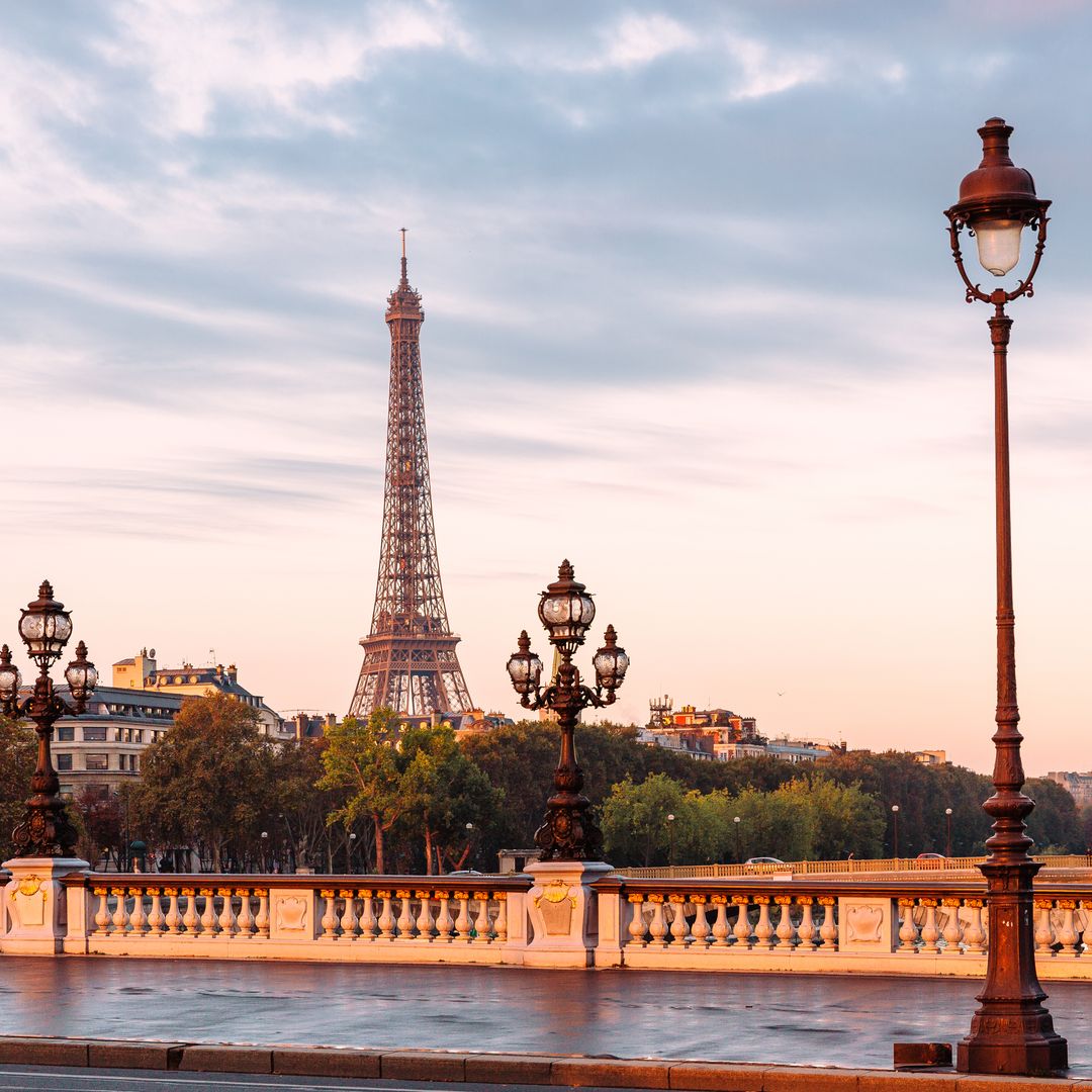 Pont Alexandre III bridge and Eiffel Tower at sunrise, Paris, France