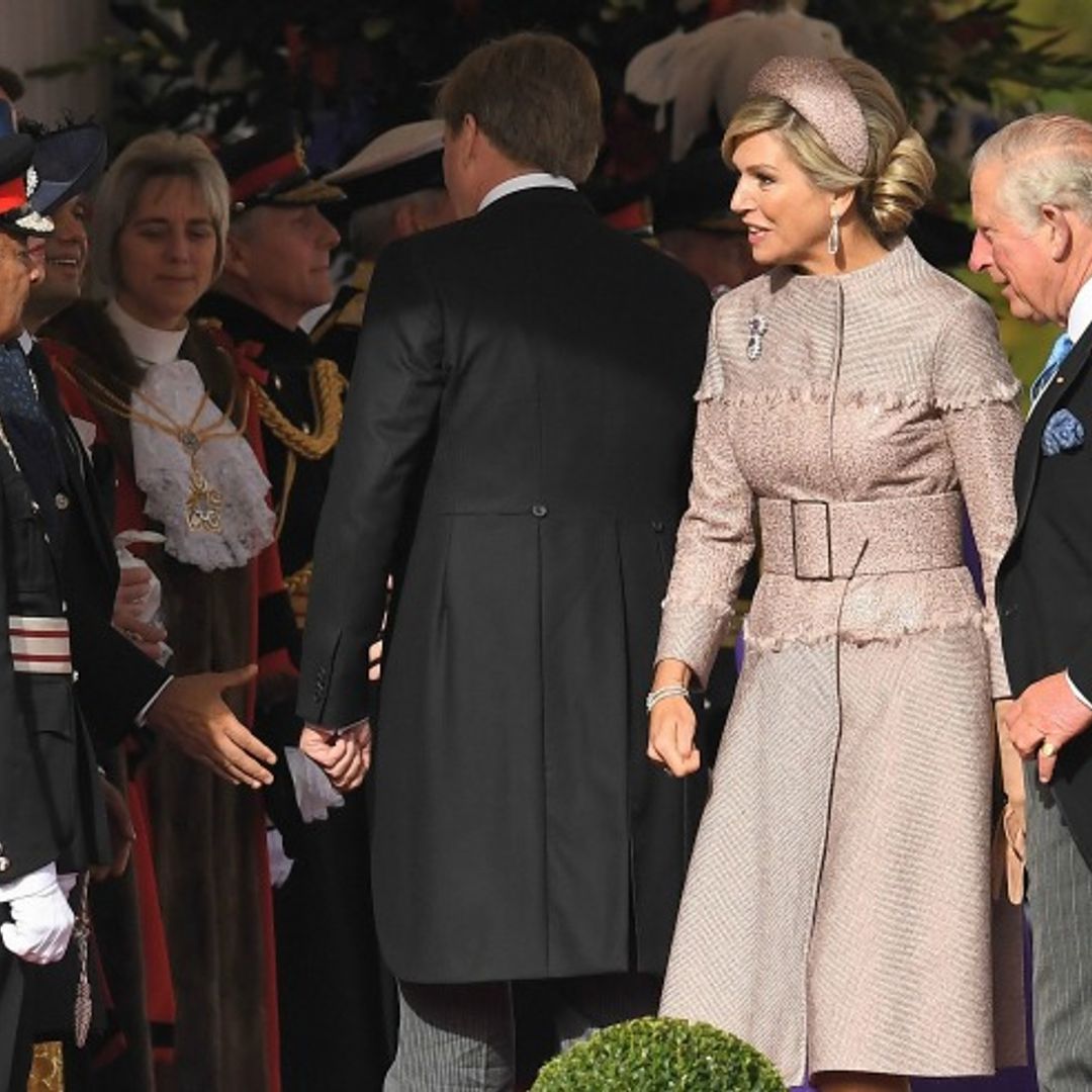 Queen Maxima of the Netherlands arrives in UK wearing gorgeous blush pink dress