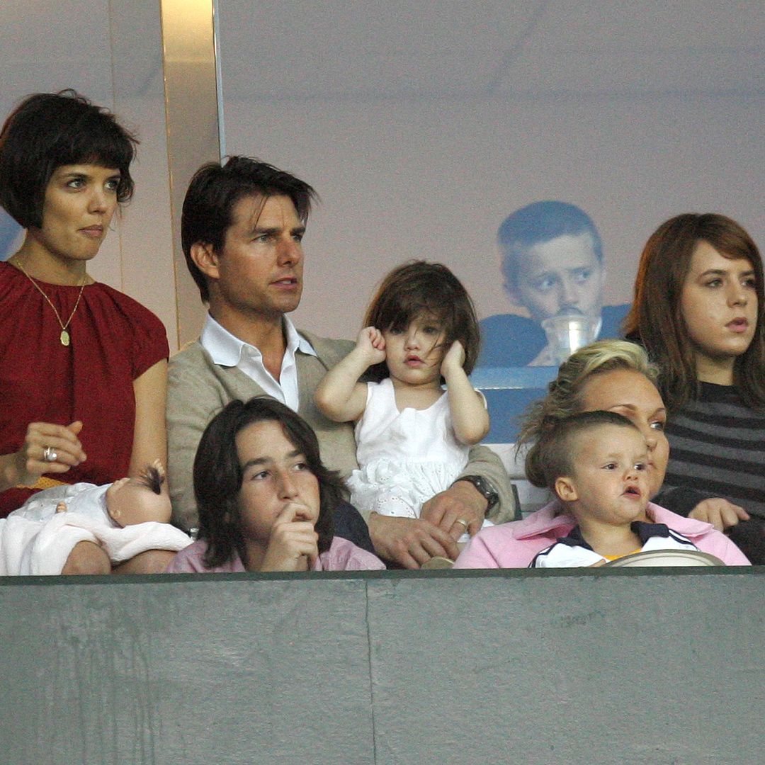 Katie Holmes (L) and Tom Cruise with daughters Suri Cruise (C) and Isabella Kidman-Cruise (R), with David Beckham's son Cruz Beckham (front 2nd R) and Brooklyn Beckham (back), watch the Major League Soccer match between New York Red Bulls and LA Galaxy at the Home Depot Center May 10, 2008 in Carson, California.