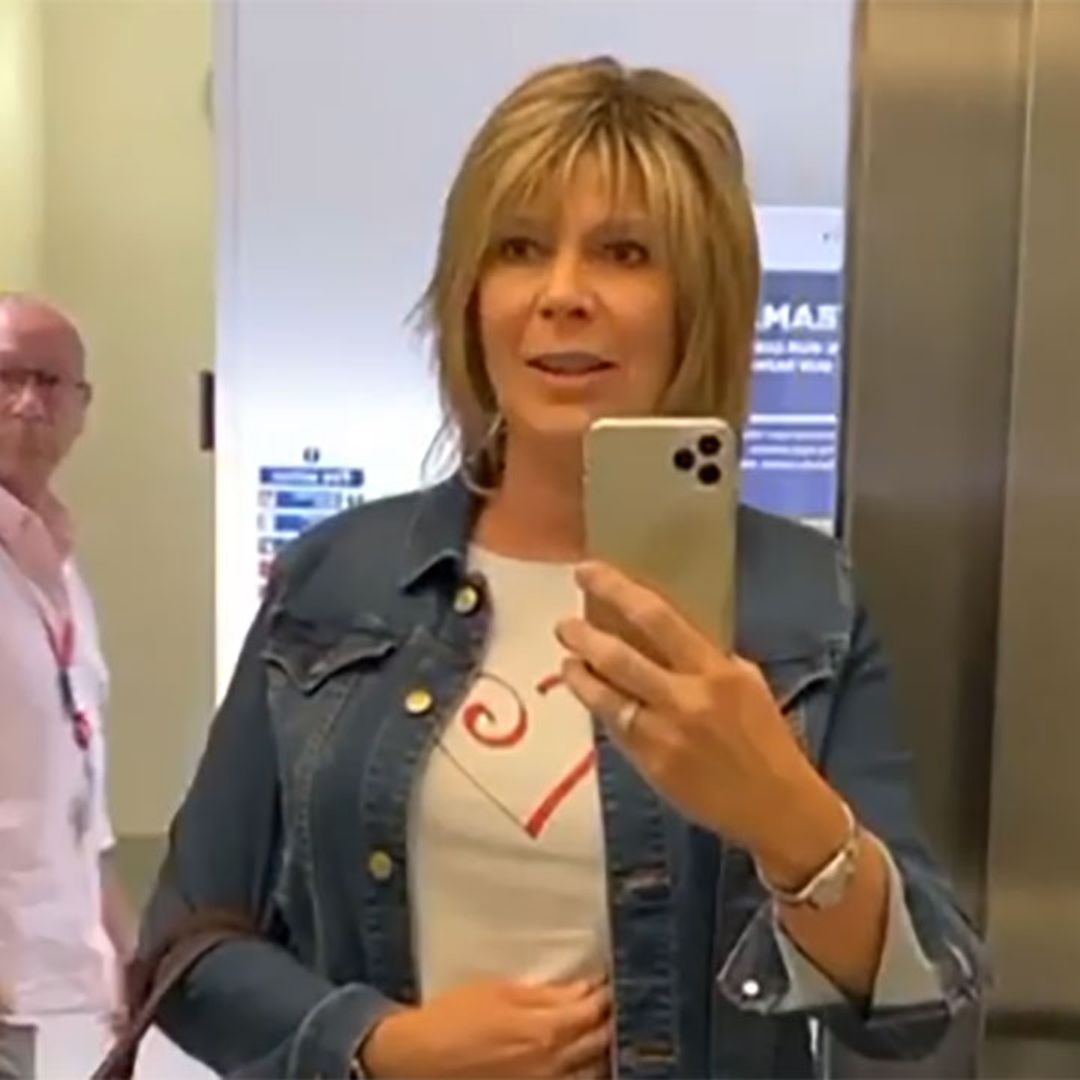 Ruth Langsford left embarrassed as she is interrupted whilst filming a video in a lift -VIDEO