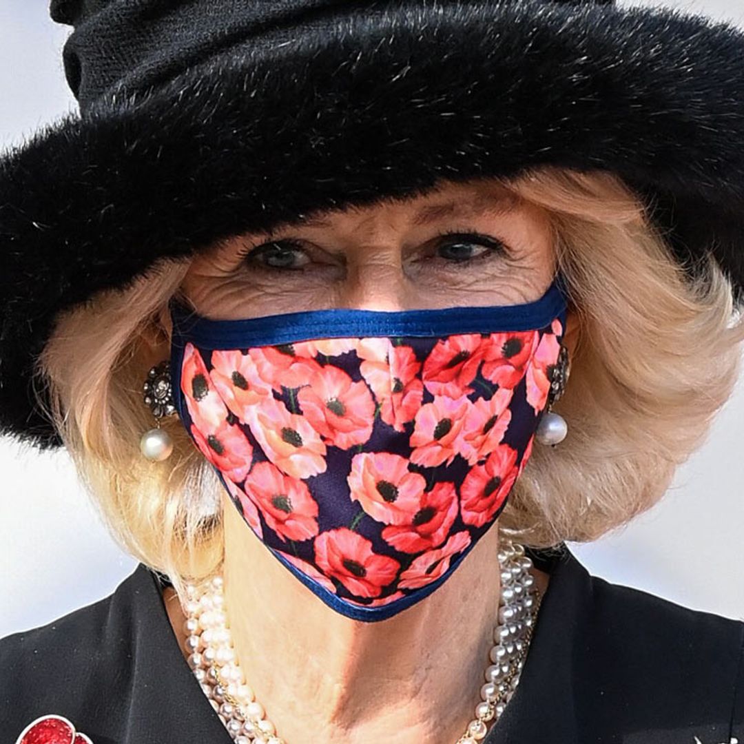 Duchess Camilla looks sombre in poppy face mask for visit to Germany