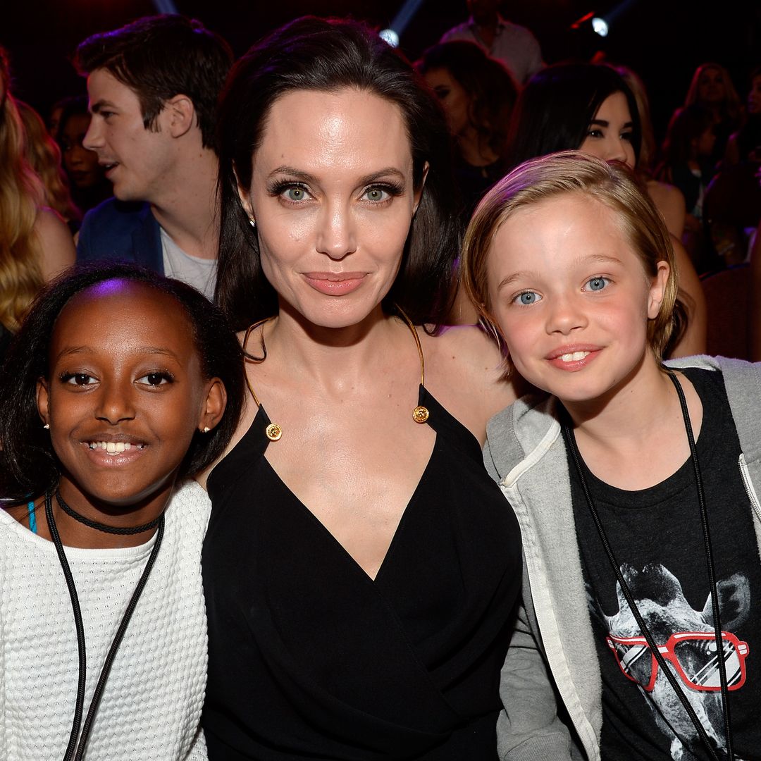 Actress/director Angelina Jolie (C) with Zahara Marley Jolie-Pitt (L) and Shiloh Nouvel Jolie-Pitt (R) in the audience during Nickelodeon's 28th Annual Kids' Choice Awards held at The Forum on March 28, 2015 in Inglewood, California.