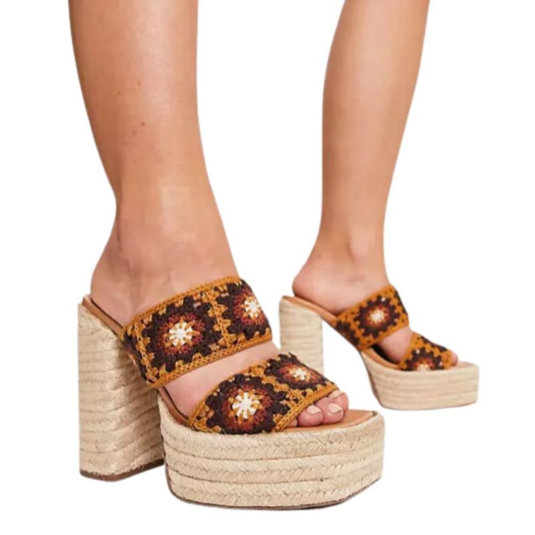 Wide Fit Nirvana crochet platform heeled mules in brown - Asos 