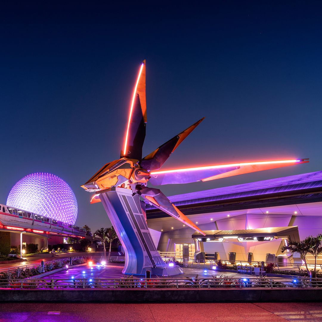 The first full-size Starblaster ever built stands outside Guardians of the Galaxy: Cosmic Rewind, the new family-thrill coaster attraction at EPCOT