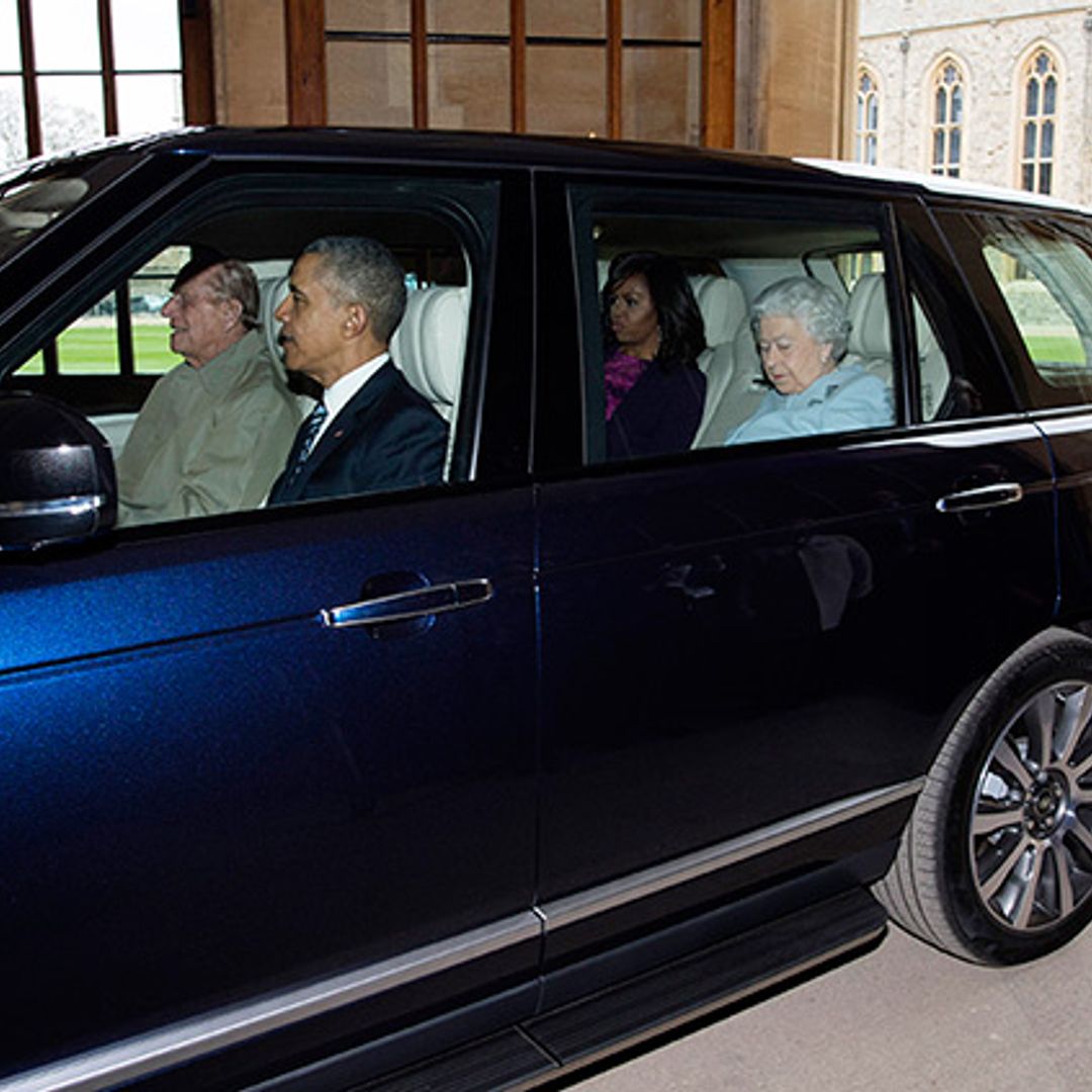 Prince Philip, 94, drives the Queen and the Obamas to lavish luncheon at Windsor Castle
