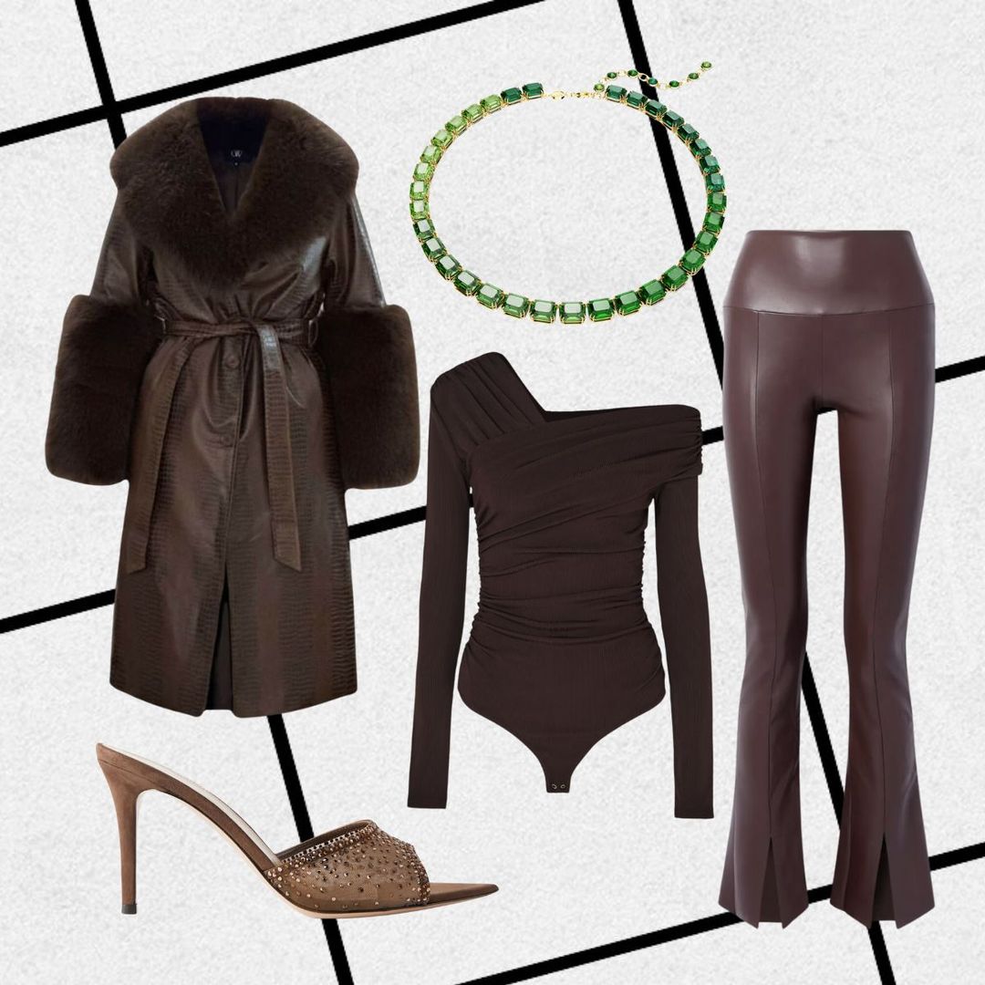 Natalie's first date outfit consisting of brown bodysuit, brown pleather trousers, mules, green necklace, brown fur coat 