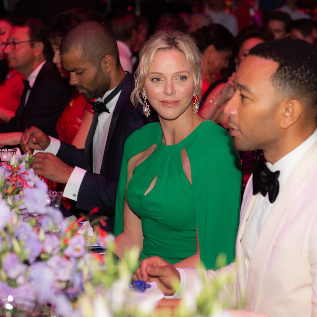 Princess Charlene is gorgeous in green at Red Cross Gala - see her stunning caped gown