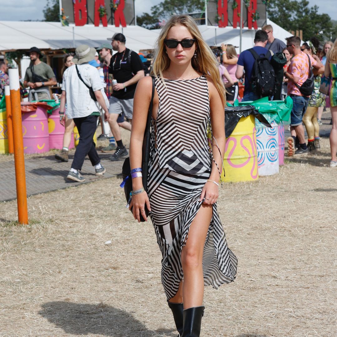 Lila Moss cosplays Kate Moss in sheer outfit at Glastonbury