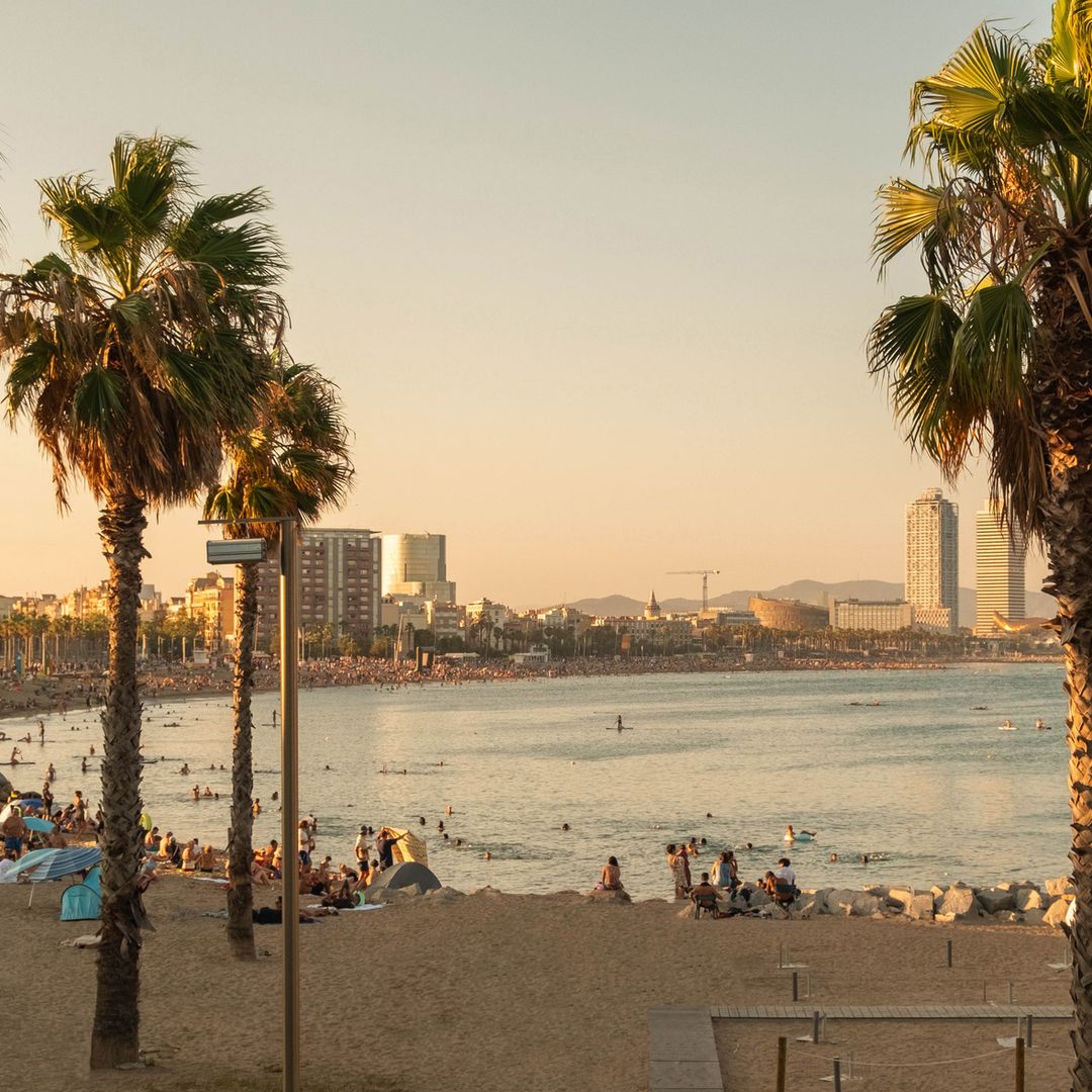 Summer evening in the Barceloneta beach with half moon shape, people crowding together during hot days visiting the famous Barcelona city.
