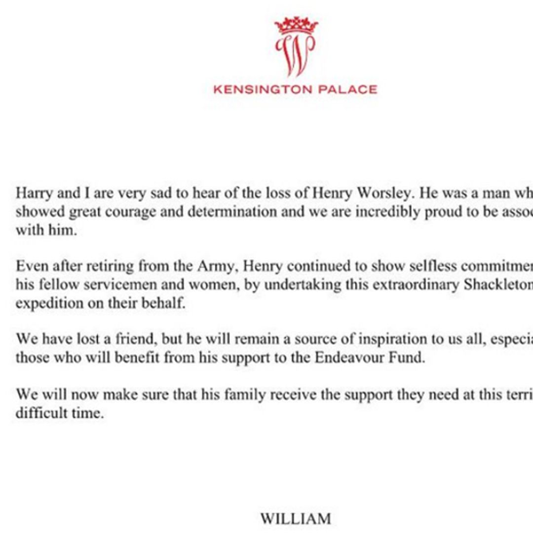 Prince William pays tribute to explorer Henry Worsley who died during Antarctic expedition