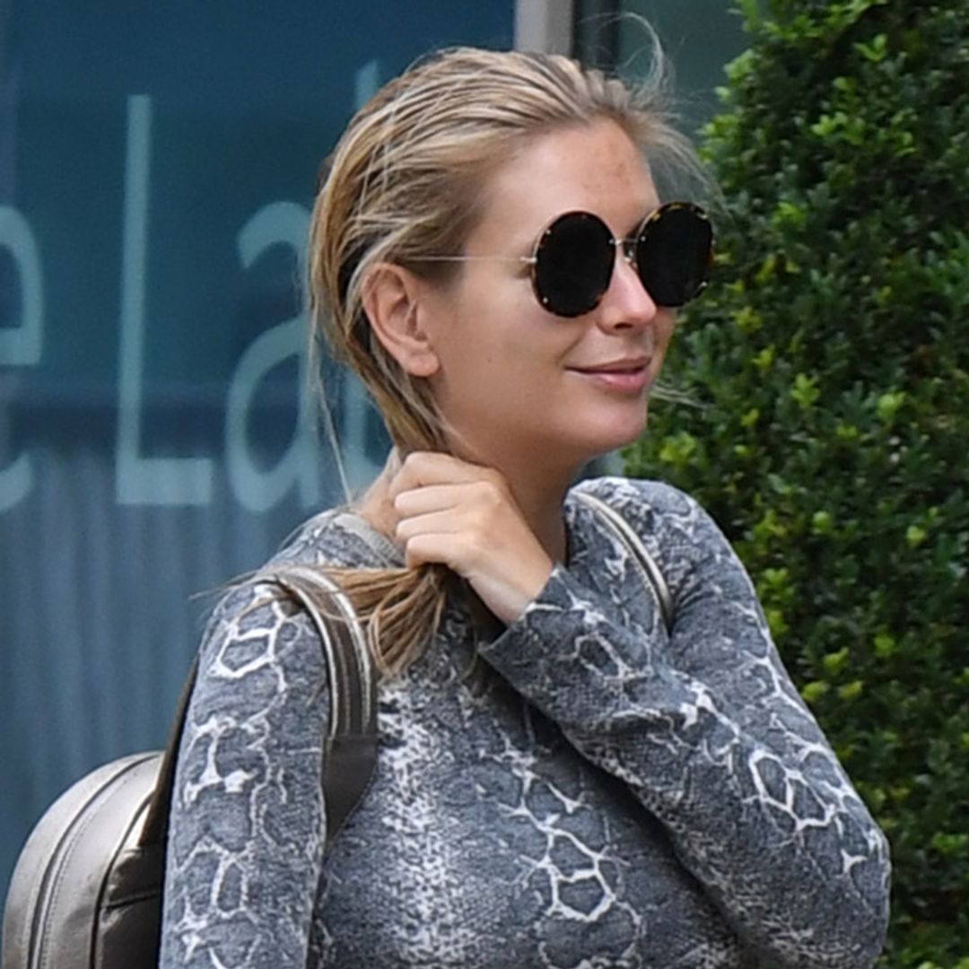 Rachel Riley shows off blossoming baby bump in snakeskin dress