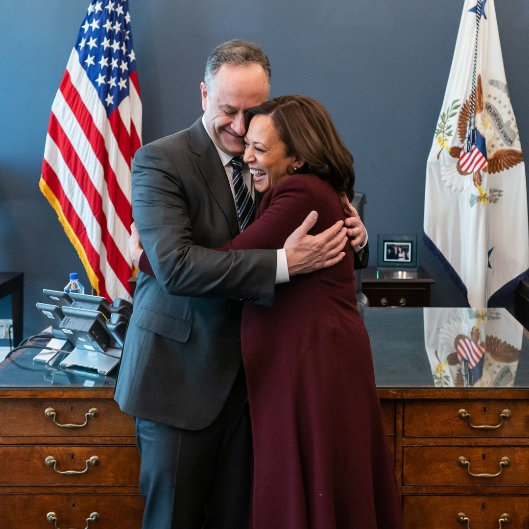 Kamala Harris and Doug Emhoff embrace inside the former's home office, shared on Instagram