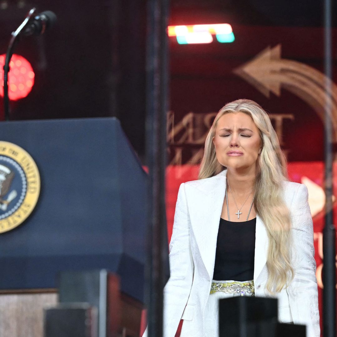 Erika Kirk, Charlie Kirk's widow, arrives to speak at the public memorial service for right-wing activist Charlie Kirk at State Farm Stadium in Glendale, Arizona, on September 21, 2025.