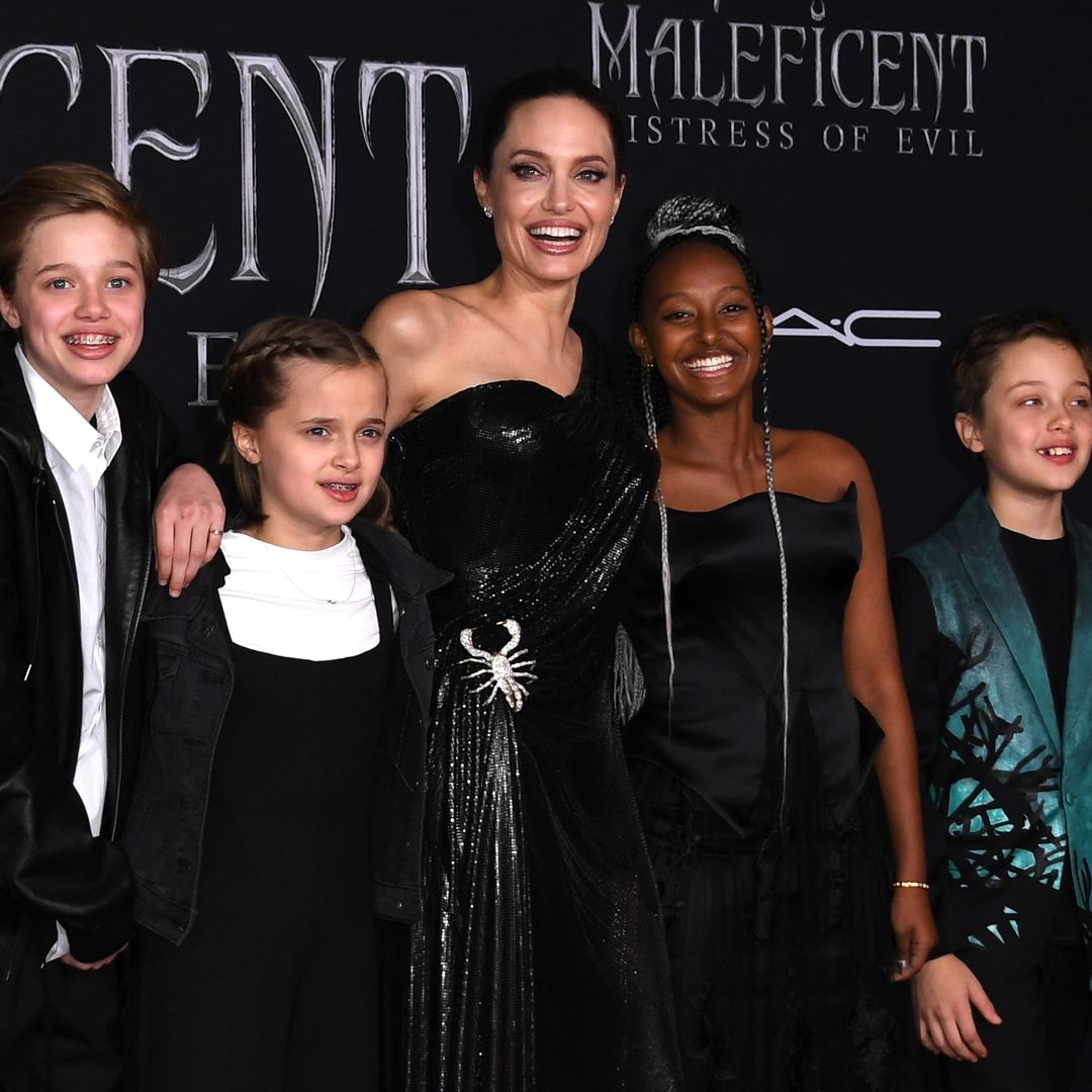 US actress Angelina Jolie (C) and children (fromL) Shiloh Nouvel Jolie-Pitt, Vivienne Marcheline Jolie-Pitt, Zahara Marley Jolie-Pitt, and Knox Leon Jolie-Pitt arrive for the world premiere of Disney's "Maleficent: Mistress of Evil" at the El Capitan Theatre in Hollywood on September 30, 2019.