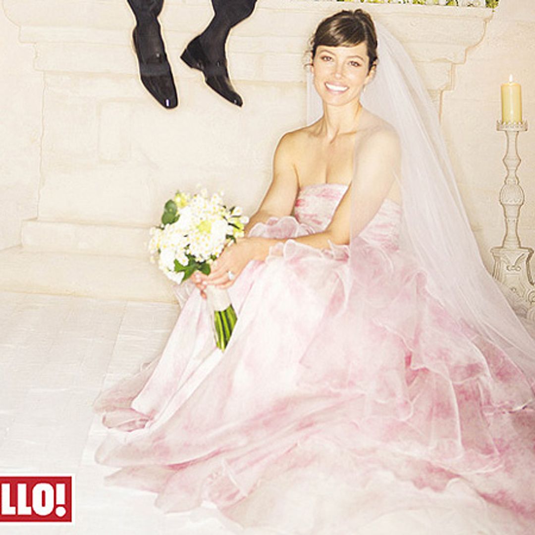 The detail behind blushing bride Jessica Biel in pink Giambattista Valli