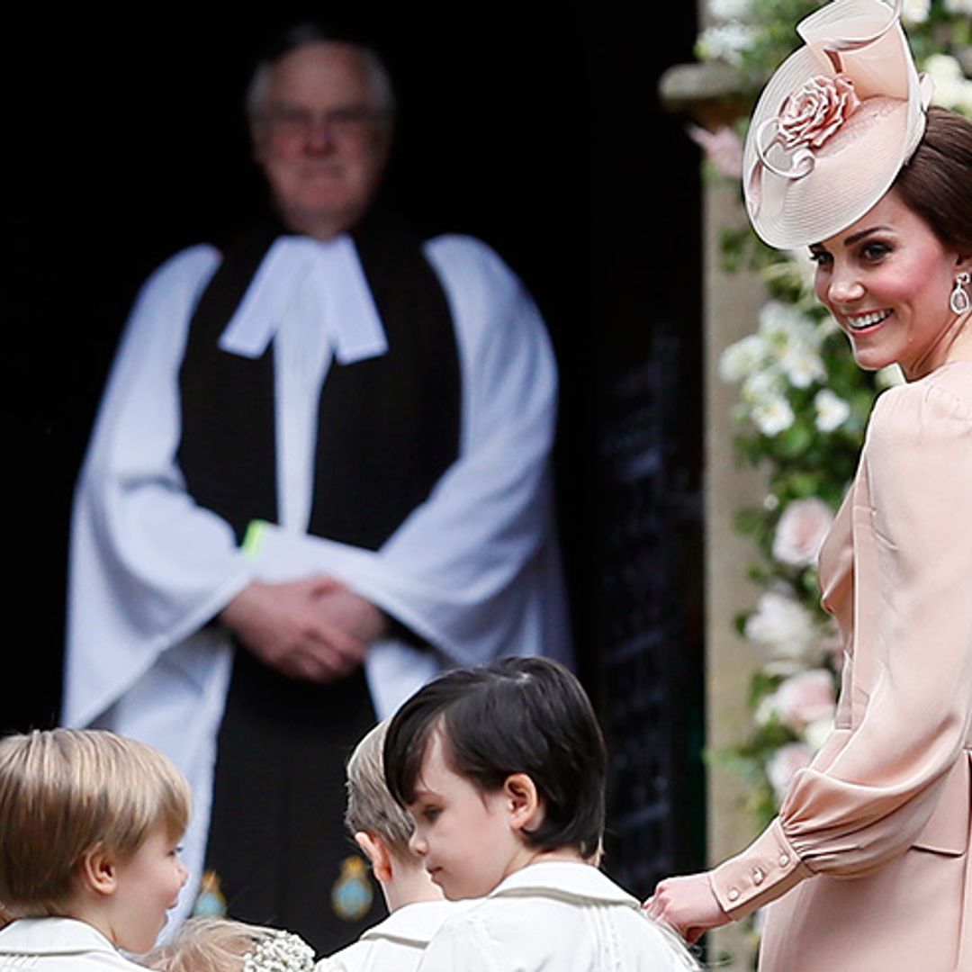 The Duchess of Cambridge wears a pink Alexander McQueen ensemble for sister Pippa’s wedding