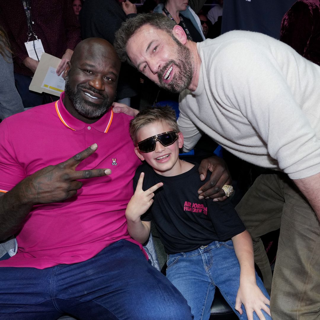 Shaquille O'Neal, Samuel Garner Affleck, and Ben Affleck attend the Ruffles Celebrity Game during the 2023 NBA All-Star Weekend at Vivint Arena on February 17, 2023 in Salt Lake City, Utah.
