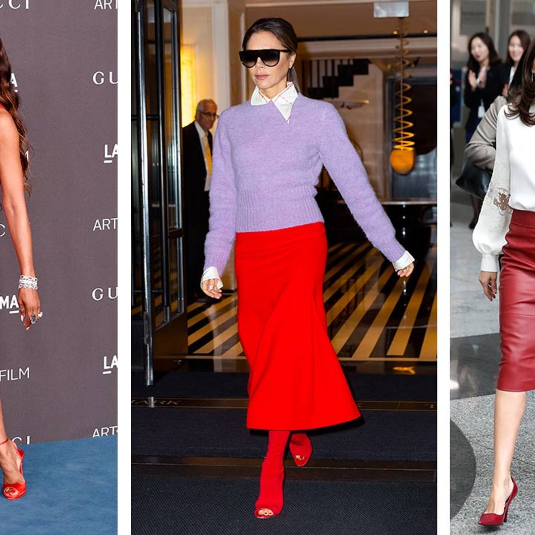 Royals & celebs rocking winter's red shoe trend: Duchess Meghan, Victoria Beckham, Queen Letizia & Co