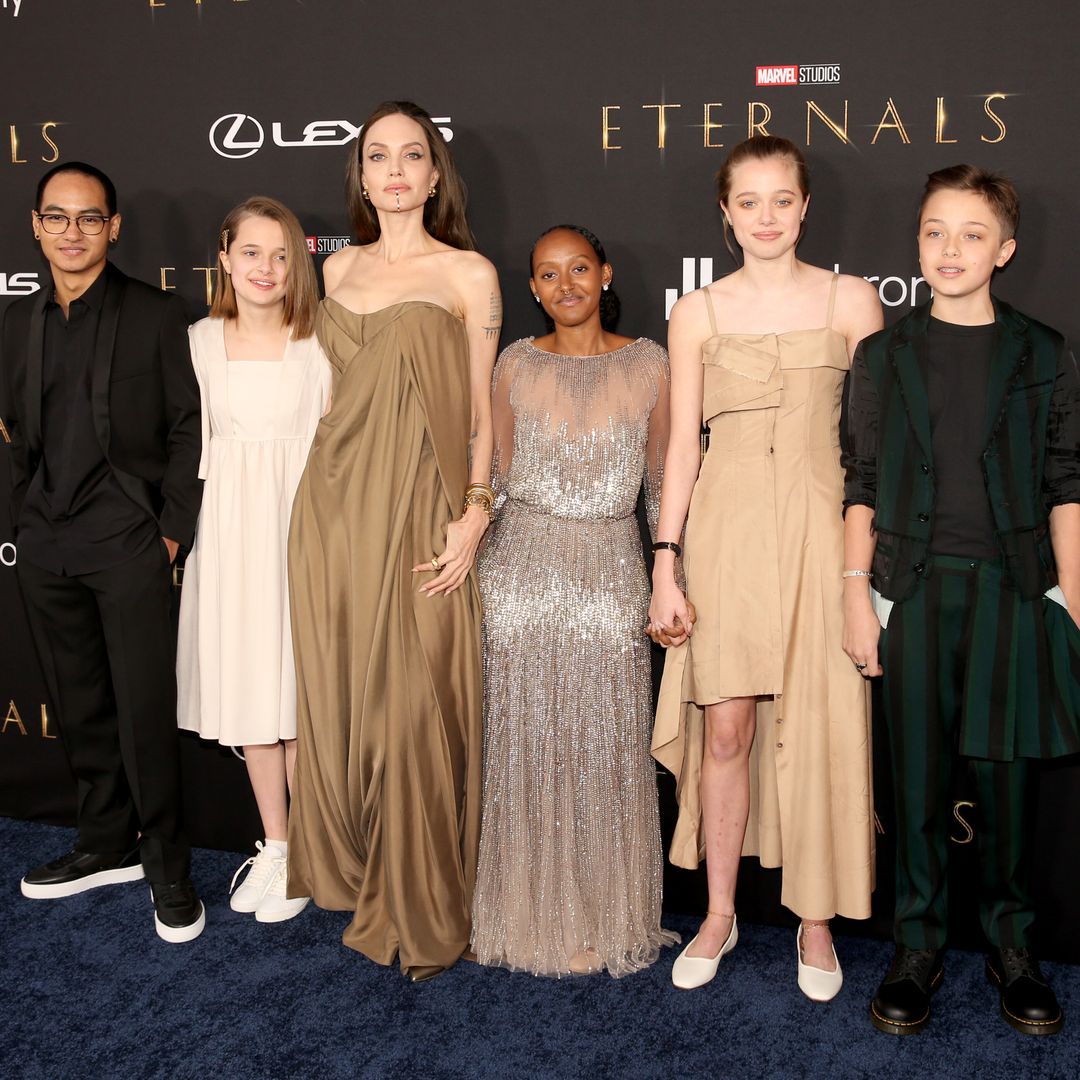 Maddox Jolie-Pitt, Vivienne Jolie-Pitt, Angelina Jolie, Zahara Jolie Pitt, Shiloh Jolie-Pitt, and Knox Jolie Pitt arrive at the Premiere of Marvel Studios' Eternals on October 18, 2021 in Hollywood, California.
