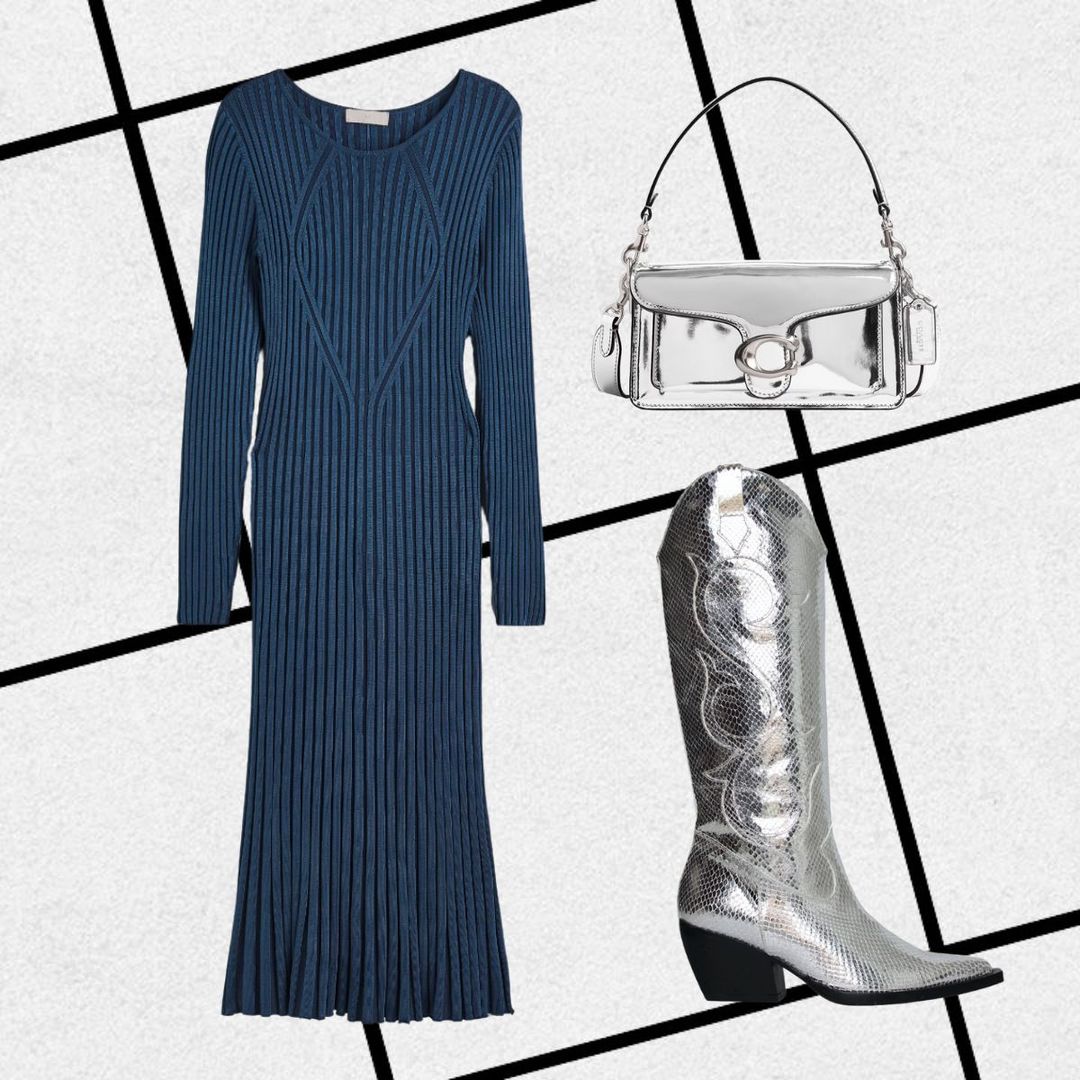 Outfit consisting of blue ribbed midi dress, silver cowboy boots and silver flap shoulder bag 