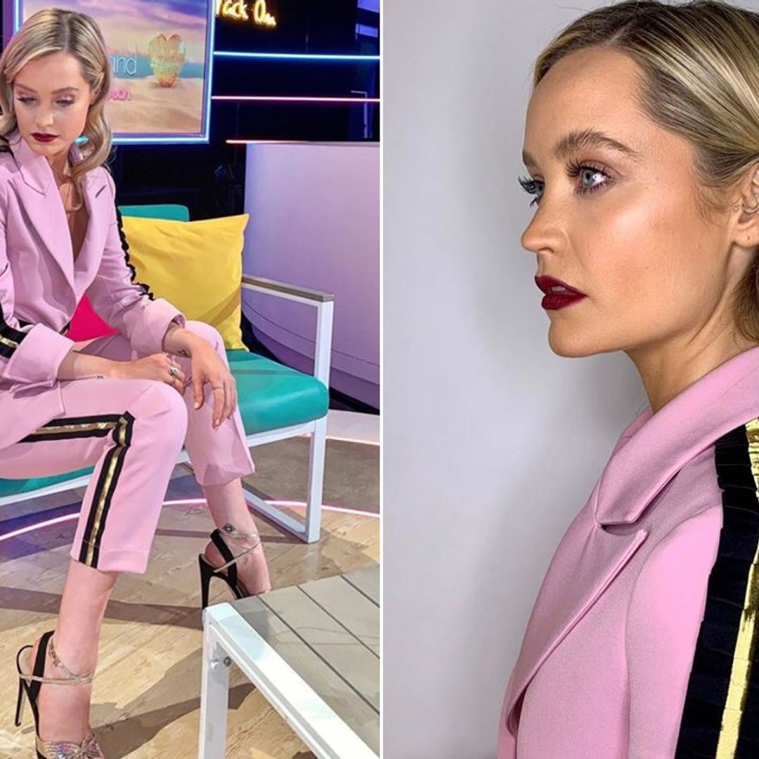 Laura Whitmore rocks a sweet pink suit and berry lips on Love Island Aftersun 