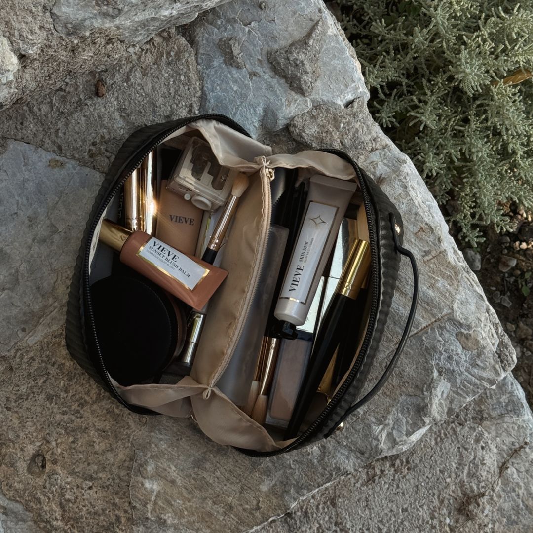 Makeup products in a makeup bag