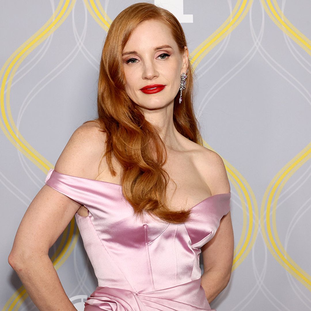 Jessica Chastain looks super glam in a plunging satin pink Gucci gown