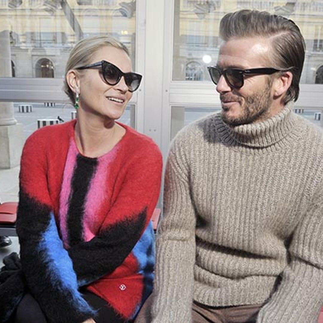 Kate Moss and David Beckham share a joke at Louis Vuitton show