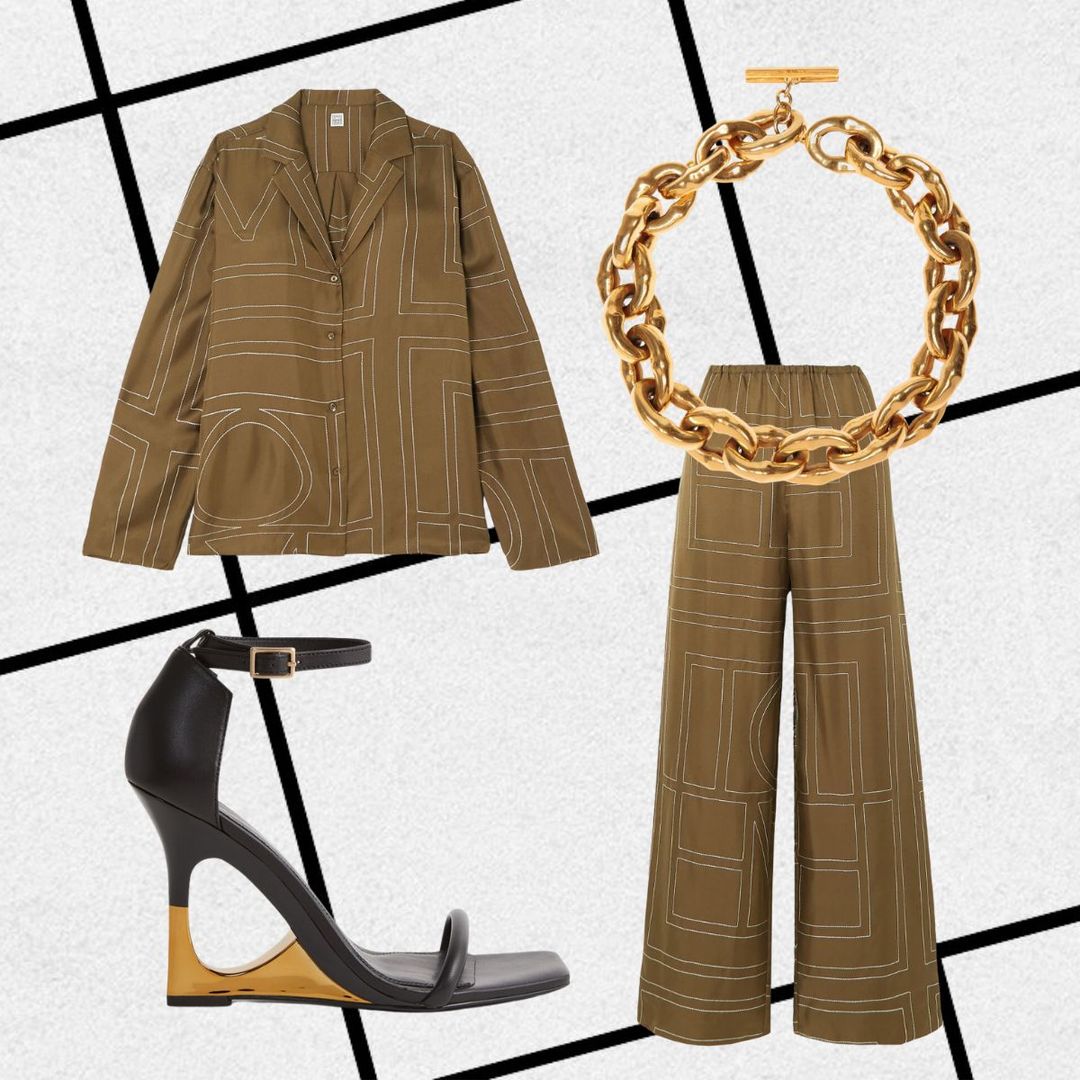 Outfit 1: khaki silky wide-leg trousers, matching blouse, chunky chain necklace and black wedge heels 
