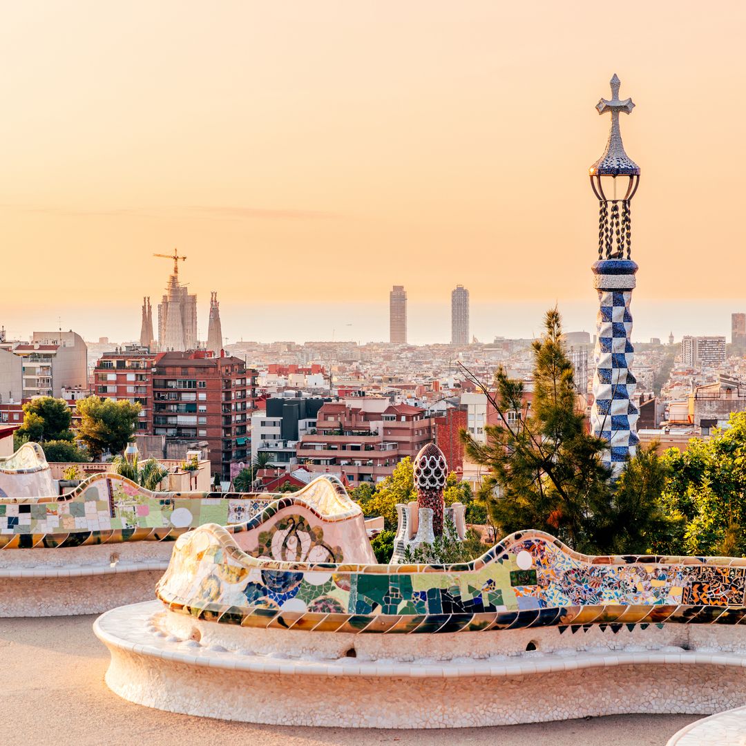 Barcelona cityscape with Sagrada Familia seen from Park Guell at sunrise, Catalonia, Spain