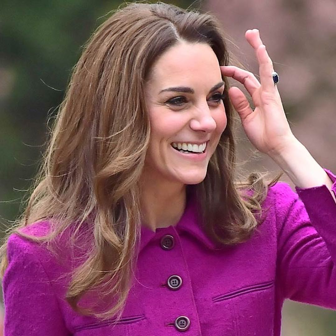 Kate Middleton steps out in Norfolk wearing a purple coat dress and a dreamy Aspinal clutch bag