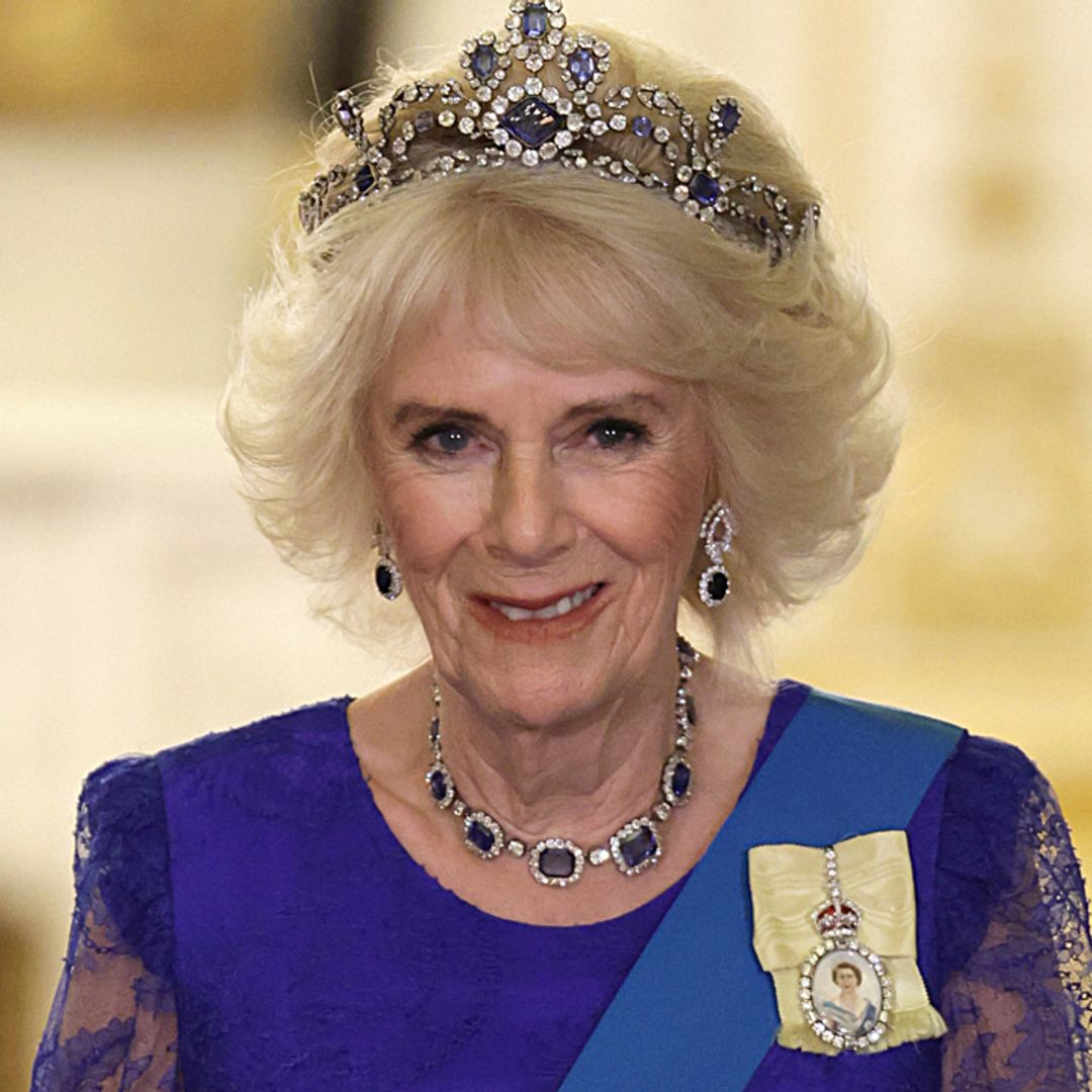 Queen Consort Camilla glitters in matching dress and tiara for state banquet