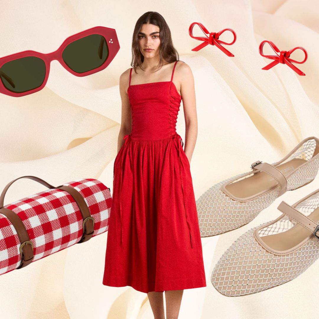a collage of a red dress, picnic blanket, sunglasses and ballet flats