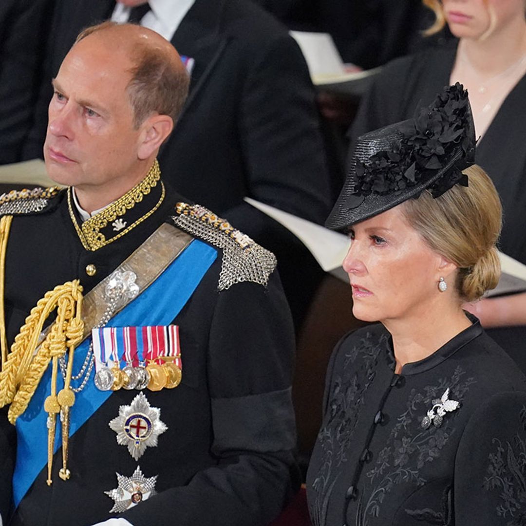 Prince Edward and Sophie Wessex in tears as they comfort each other during emotional service – video