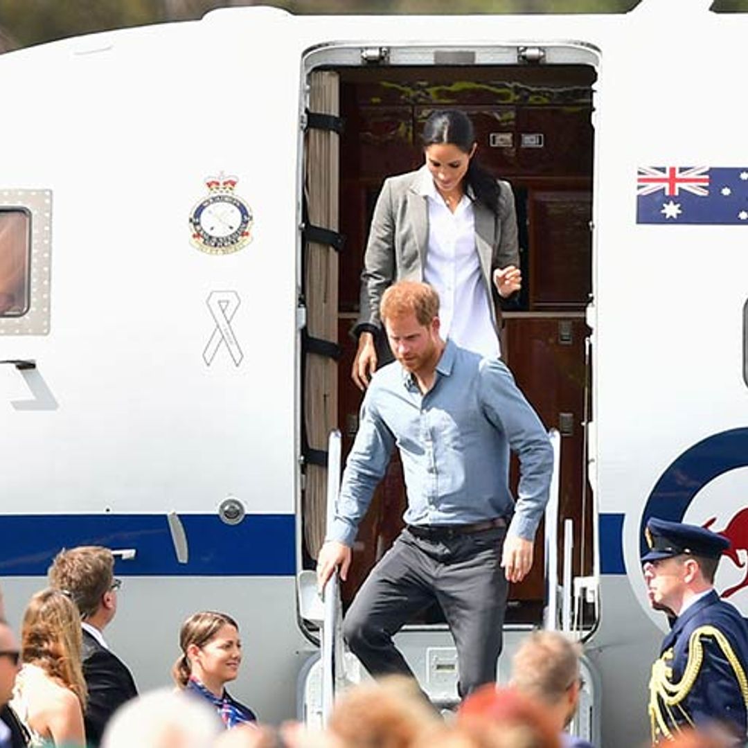 Meghan Markle glows in a chic grey blazer made by Serena Williams as she wows Dubbo City airport
