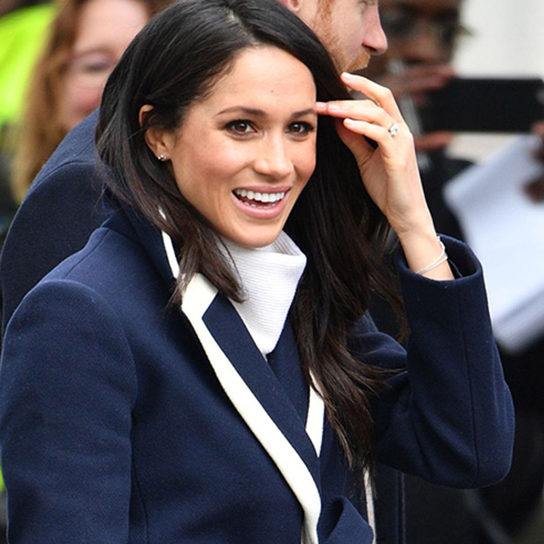 Birmingham beauty! Meghan Markle is stunning in navy and white coat by J.Crew