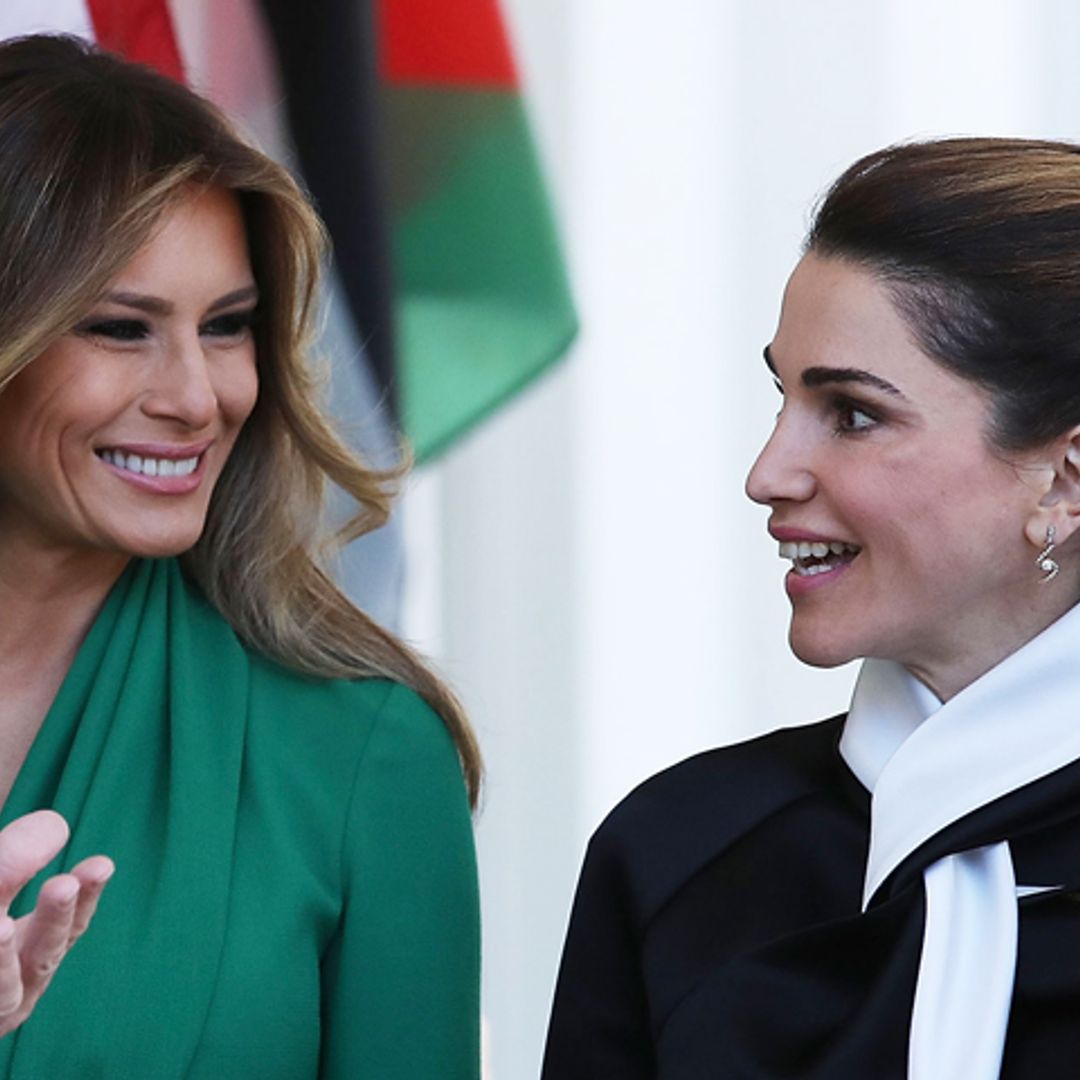 First Lady Melania Trump looks gorgeous in green as she hosts Queen Rania in D.C.