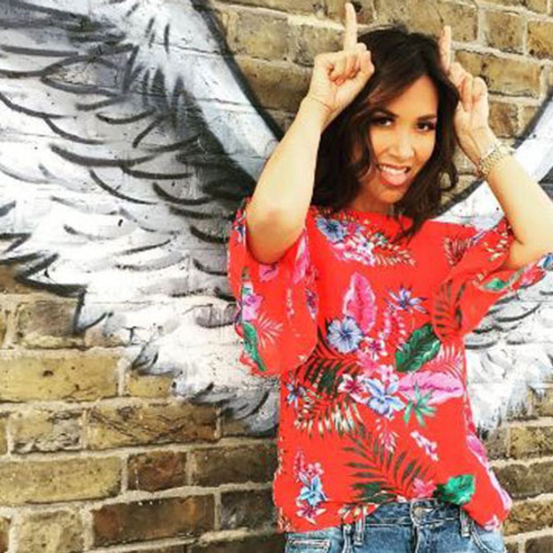 Myleene Klass models £45 tropical print blouse from her latest Littlewoods collection