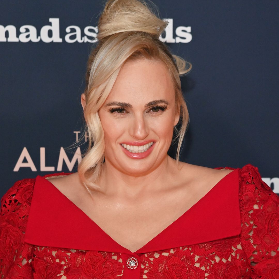 Rebel Wilson is a lady in red wearing sculpted lace gown