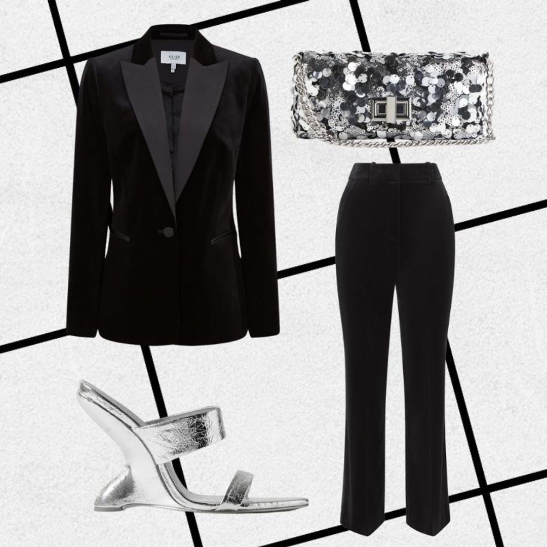 Outfit consisting of black velvet suit, silver mules and sequin bag 