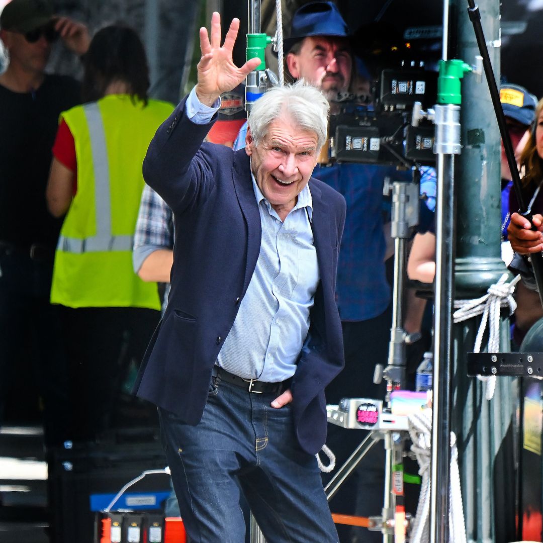 Harrison Ford, 81, looks delighted as he reunites co-stars on Shrinking season 2 set